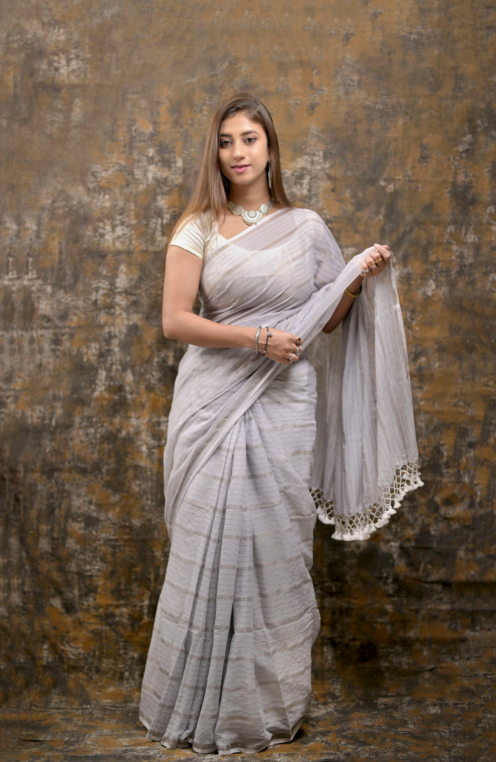 SKY & GREY COMBO - HANDWOVEN SILVER ZARI STRIPES