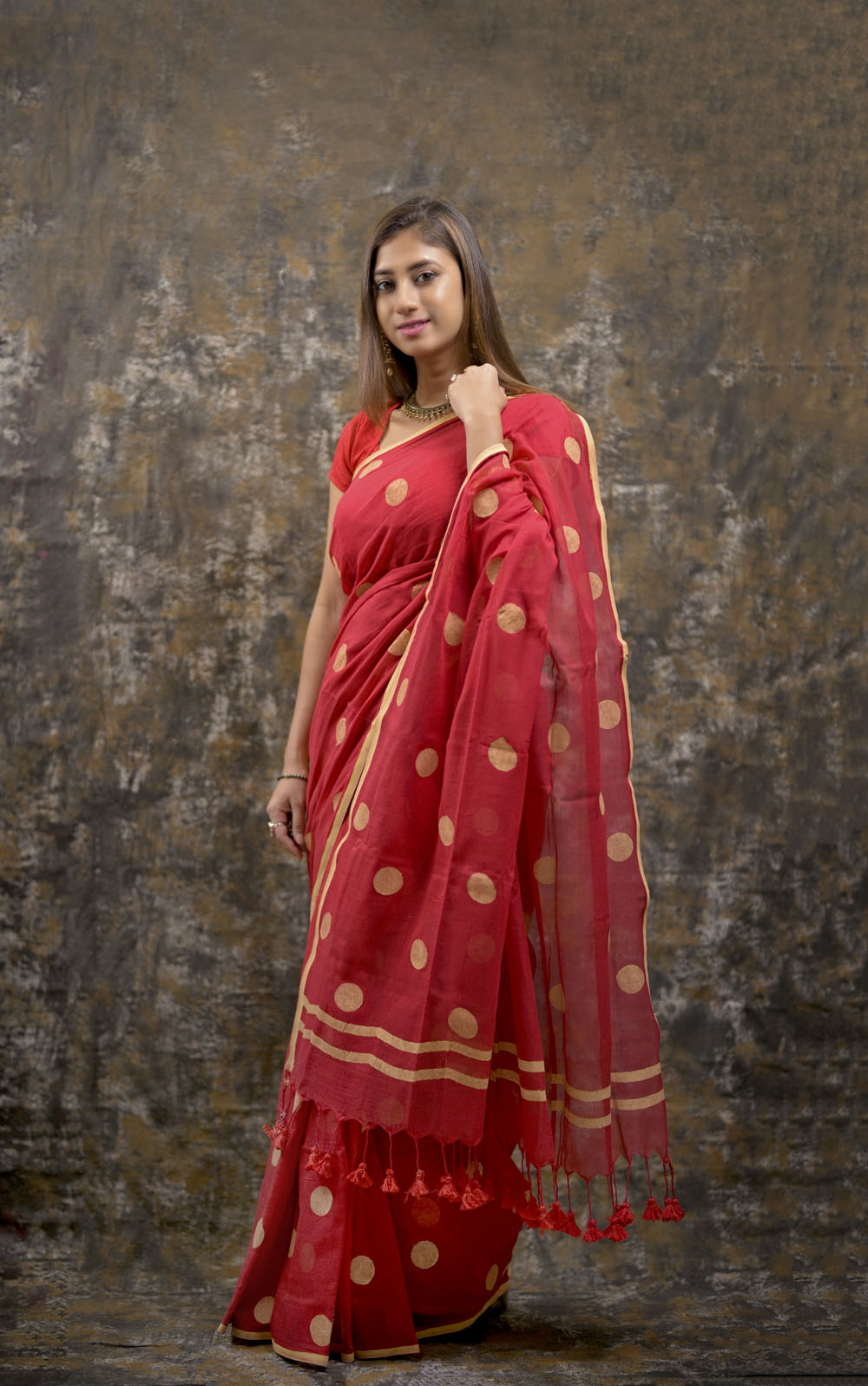 RED COMBO - HANDWOVEN COTTON SAREE (BLOCK PRINT & COTTON LINES)