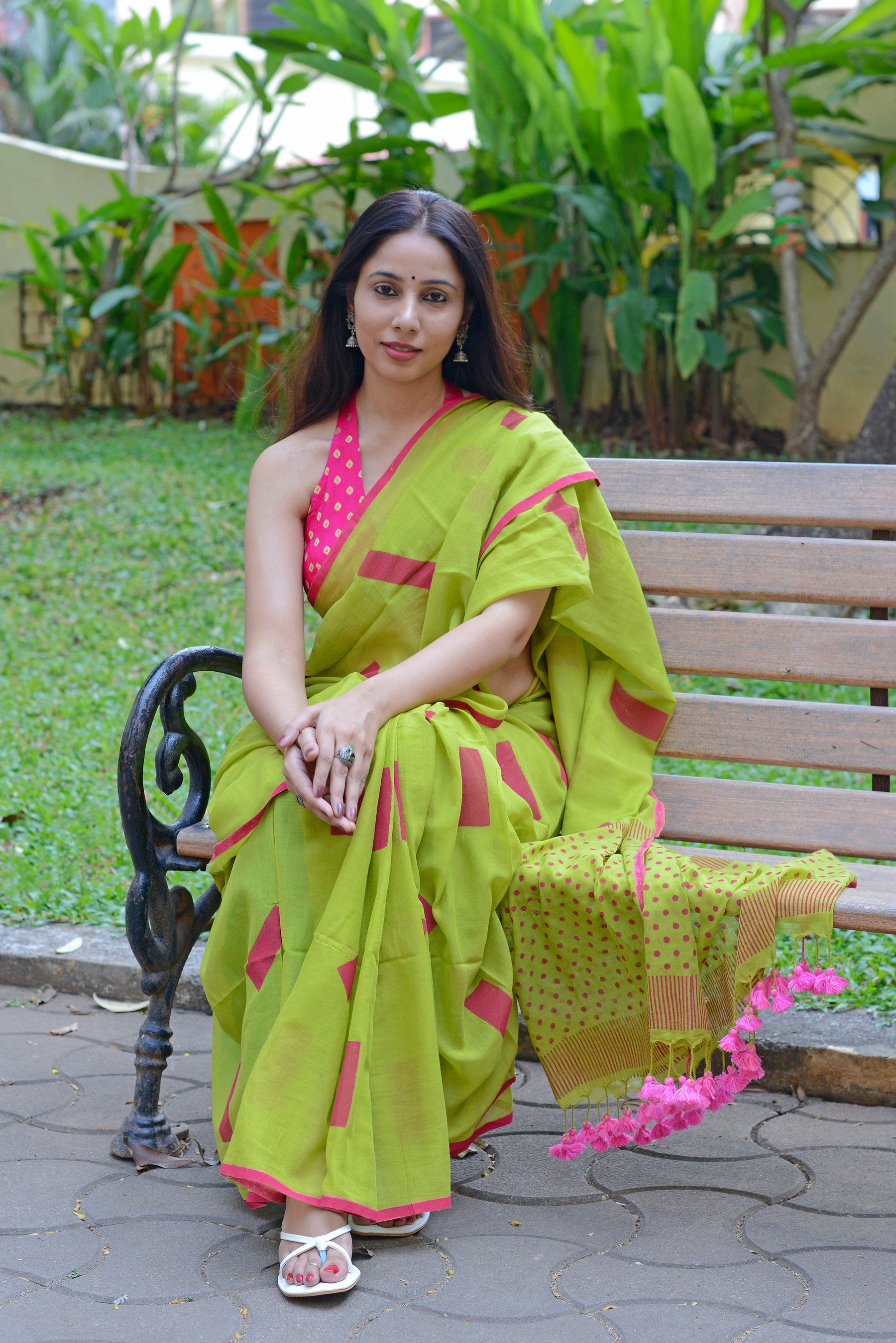 ABSTRACT - PARROT GREEN & RANI PINK  - HAND BLOCK PRINTED COTTON SAREE