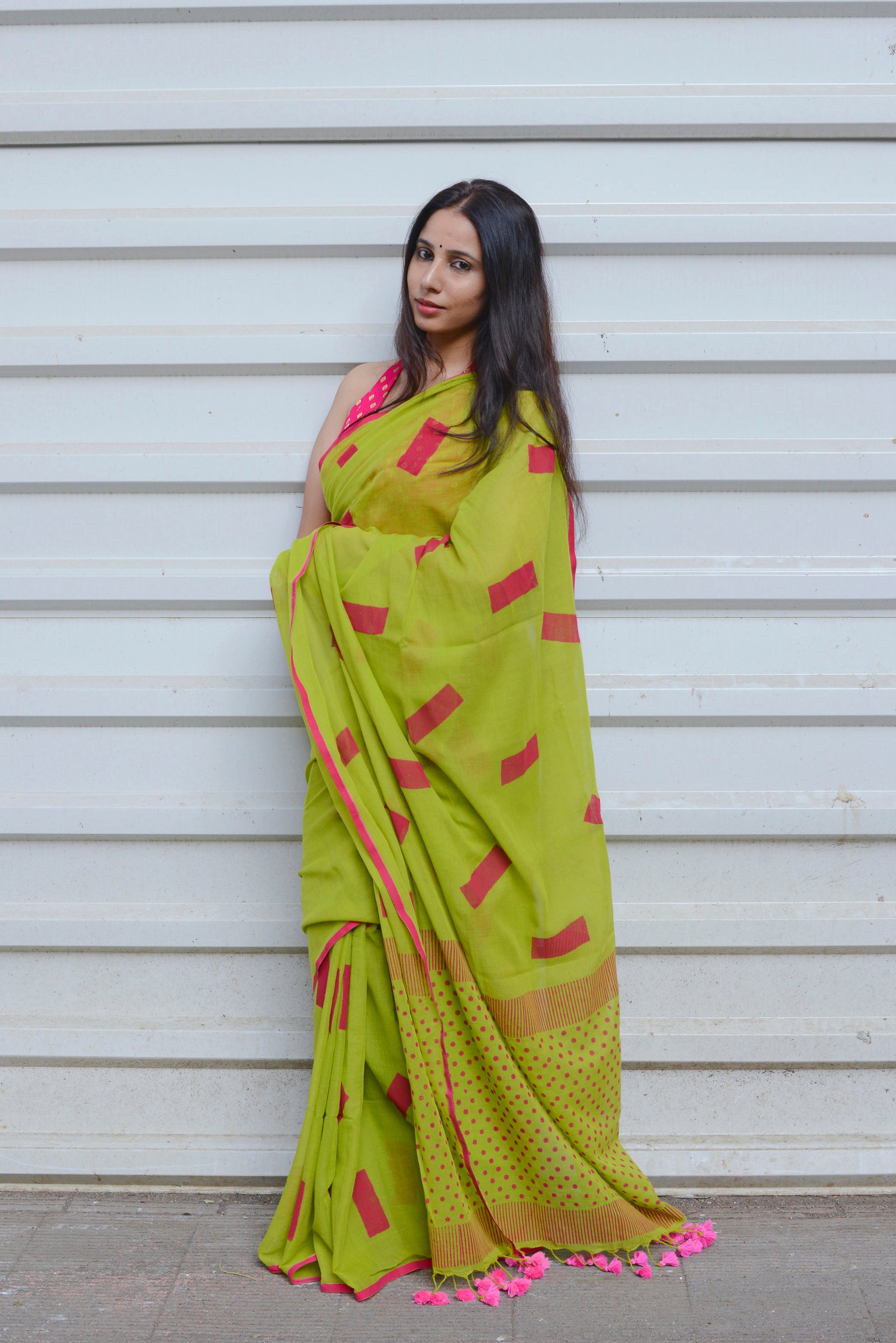 ABSTRACT - PARROT GREEN & RANI PINK  - HAND BLOCK PRINTED COTTON SAREE