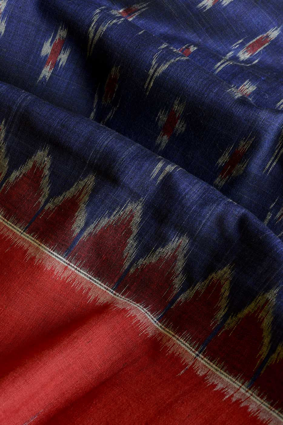 Navy Blue Red Border Ikat Cotton Saree