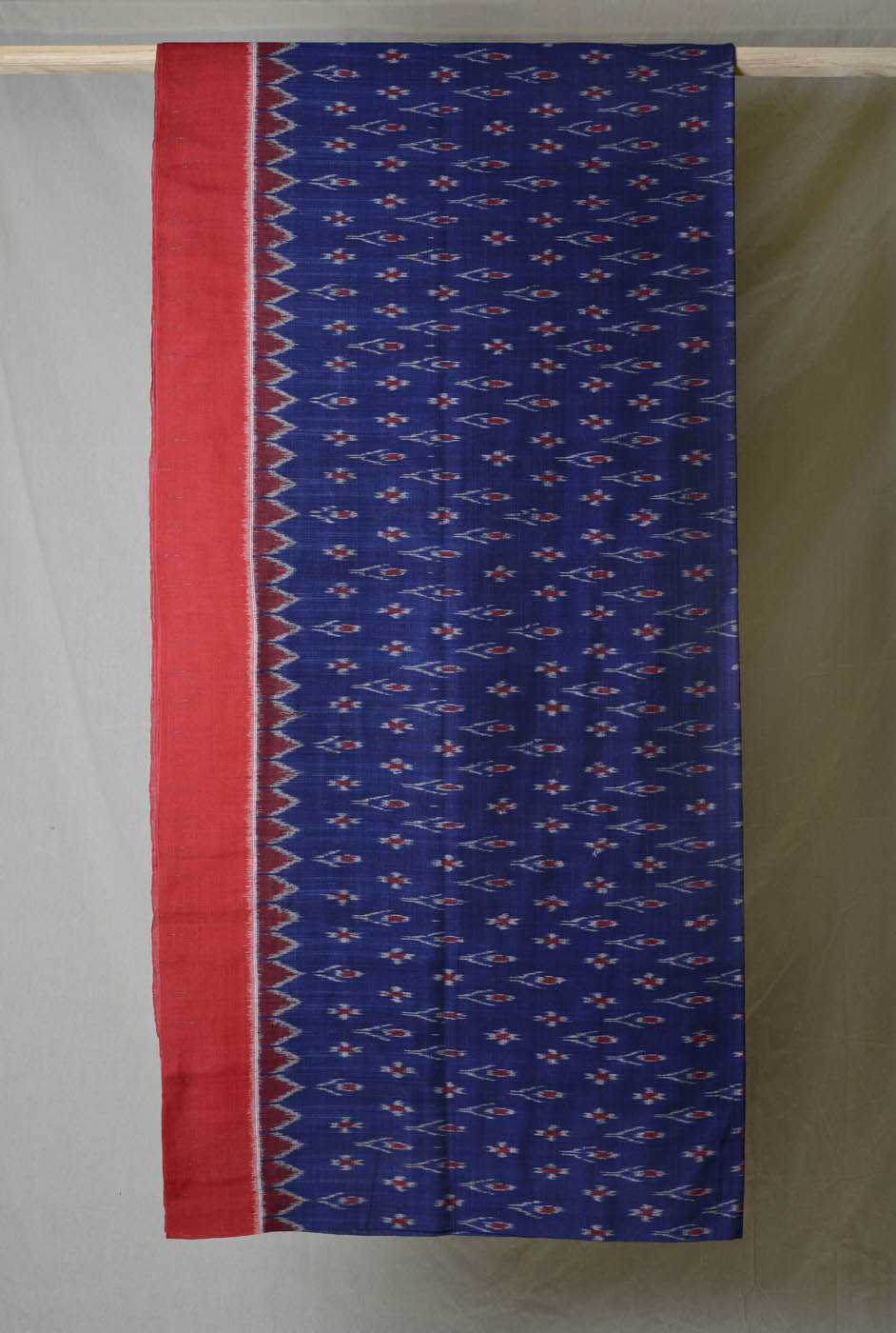 Navy Blue Red Border Ikat Cotton Saree
