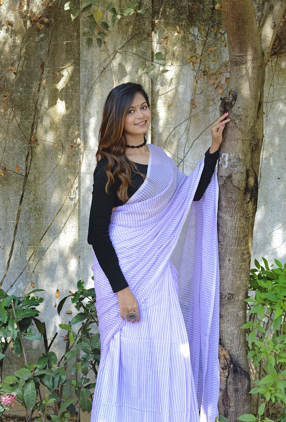 VIOLET & BLACK COMBO - COTTON LINES SAREE