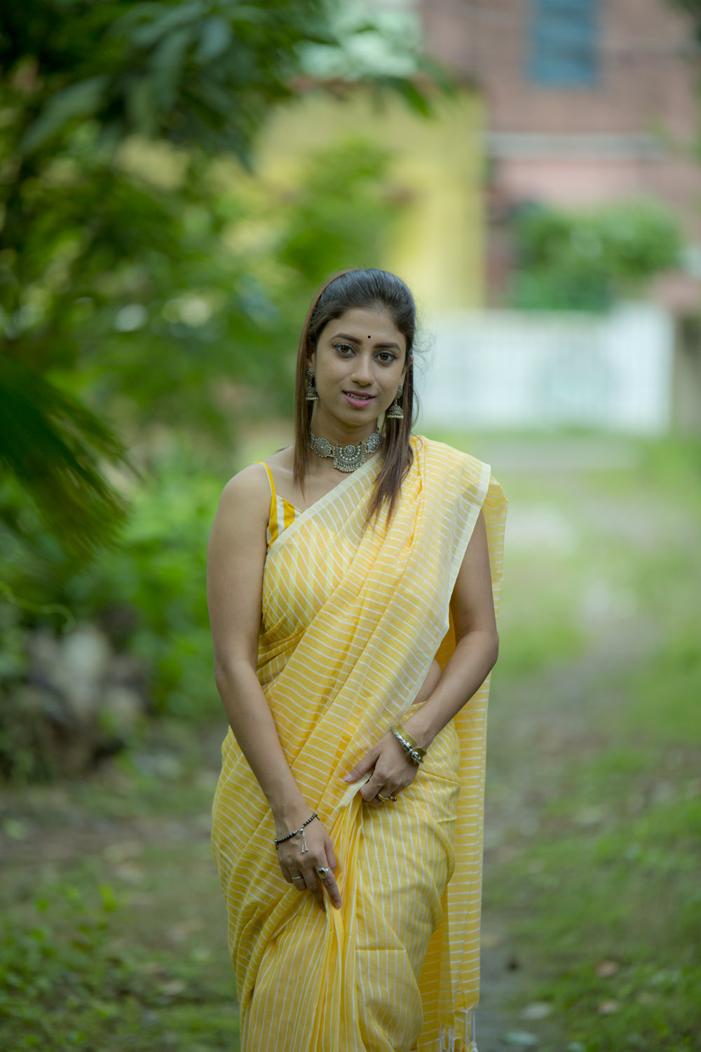 Yellow Cotton Lines Saree