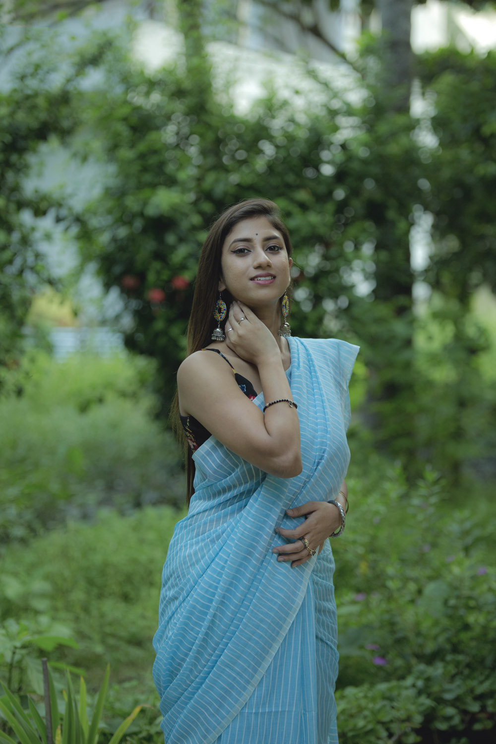 Sky Blue Cotton Line Saree