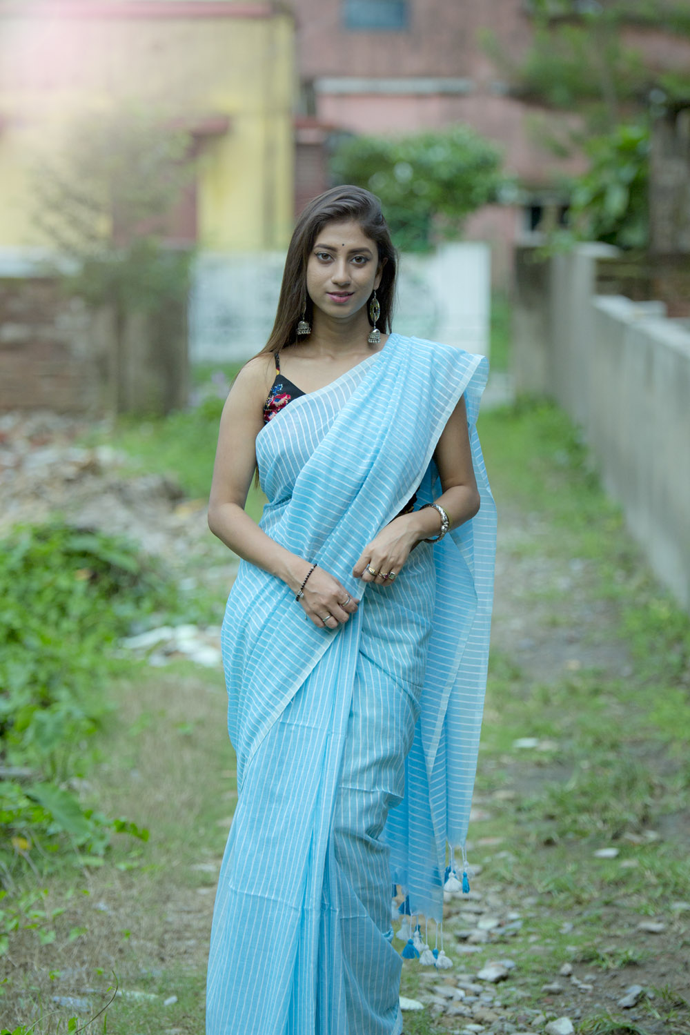 Sky Blue Cotton Line Saree