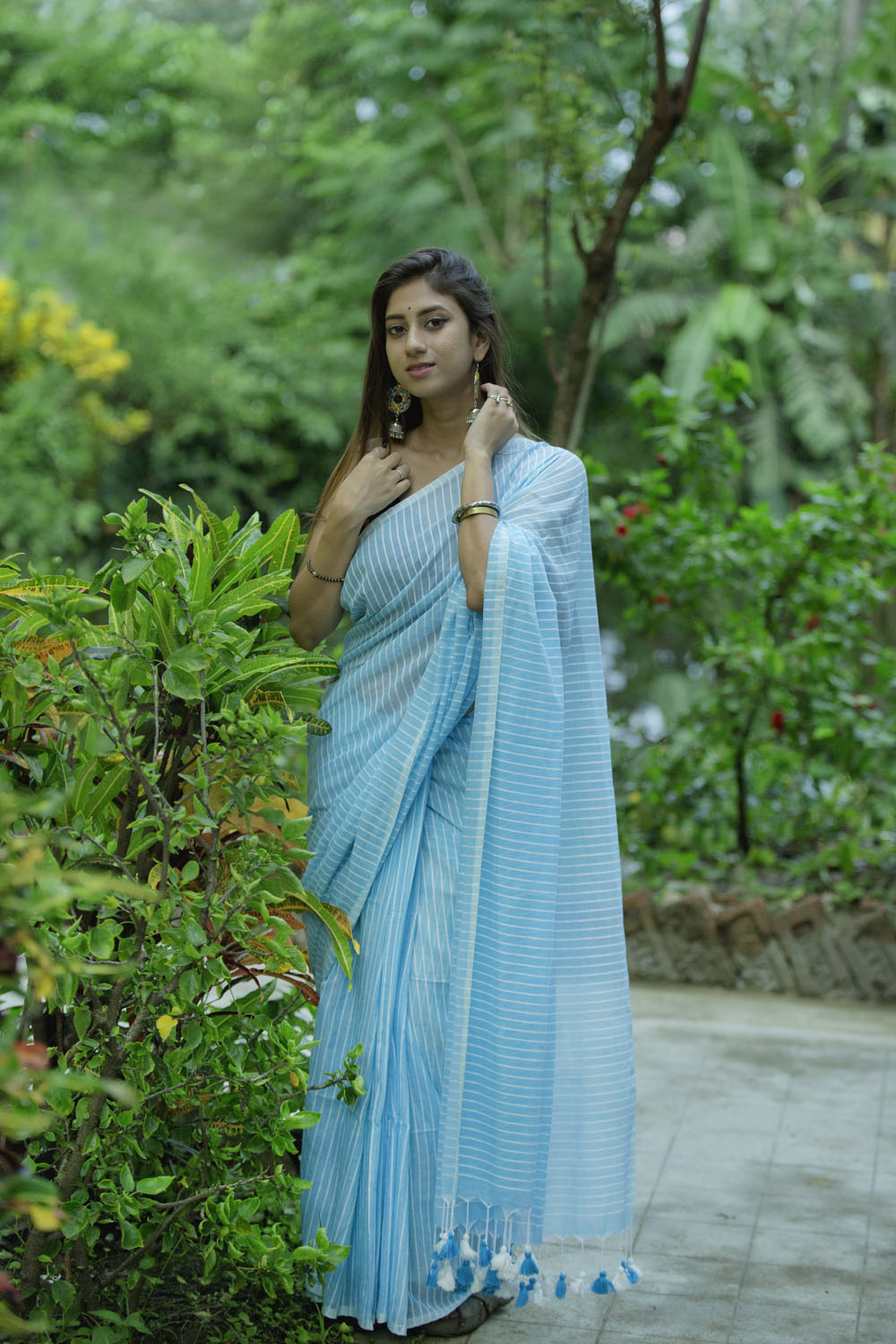 Sky Blue Cotton Line Saree