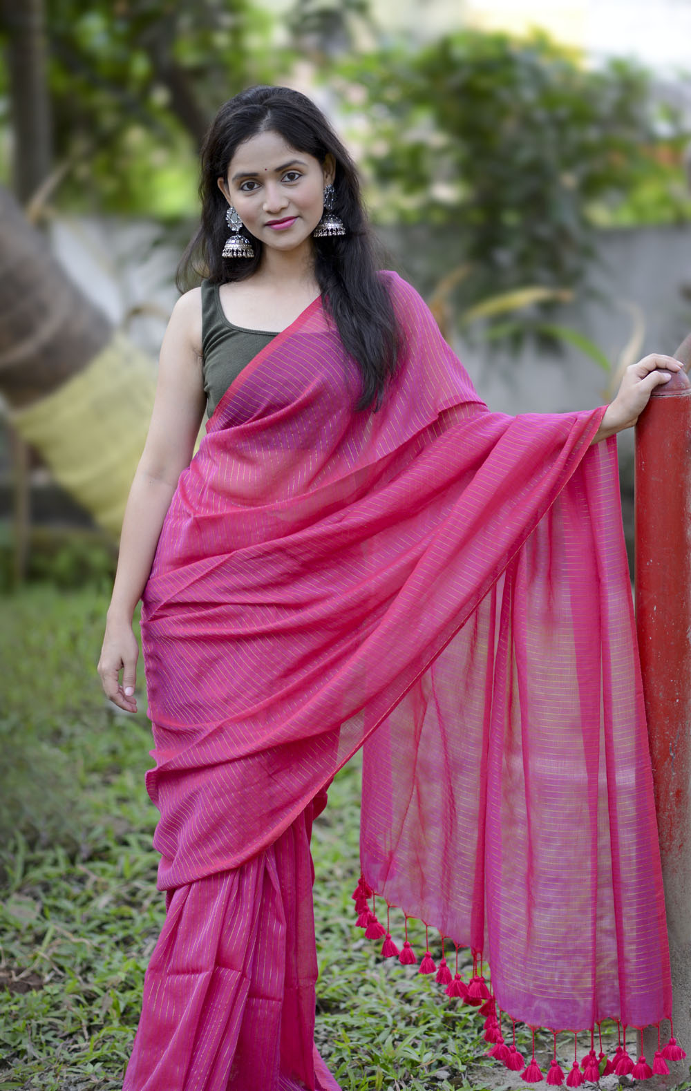 Rani Pink Zari Lines Saree