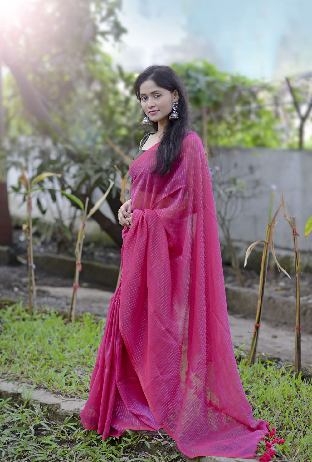 Rani Pink Zari Lines Saree
