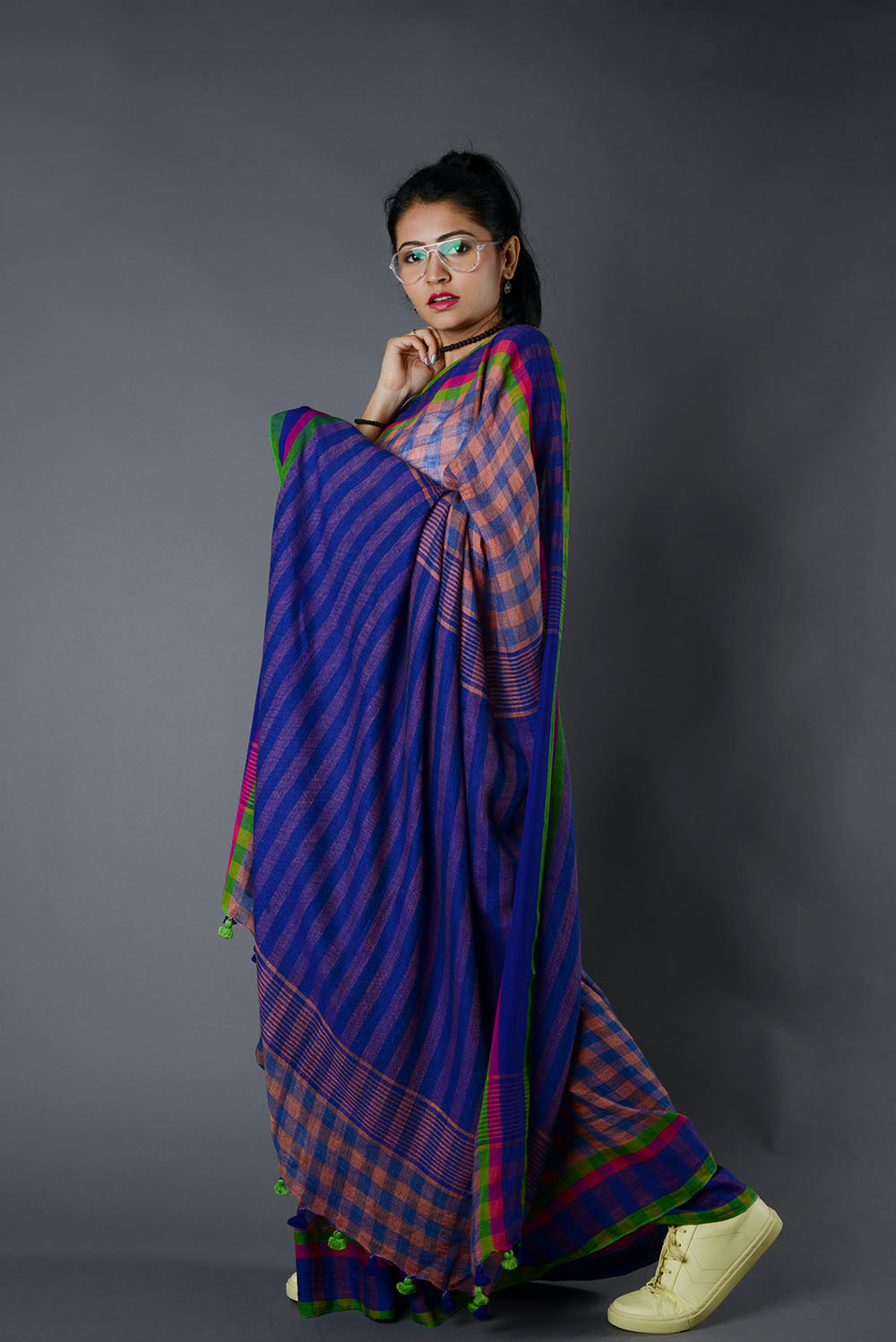 Multicolour Checks Linen Saree