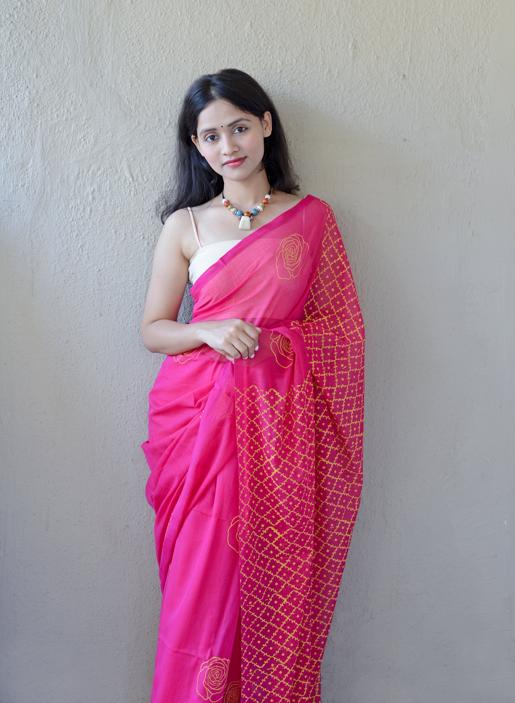 Rani Pink Floral - Hand Block Printed Cotton Saree