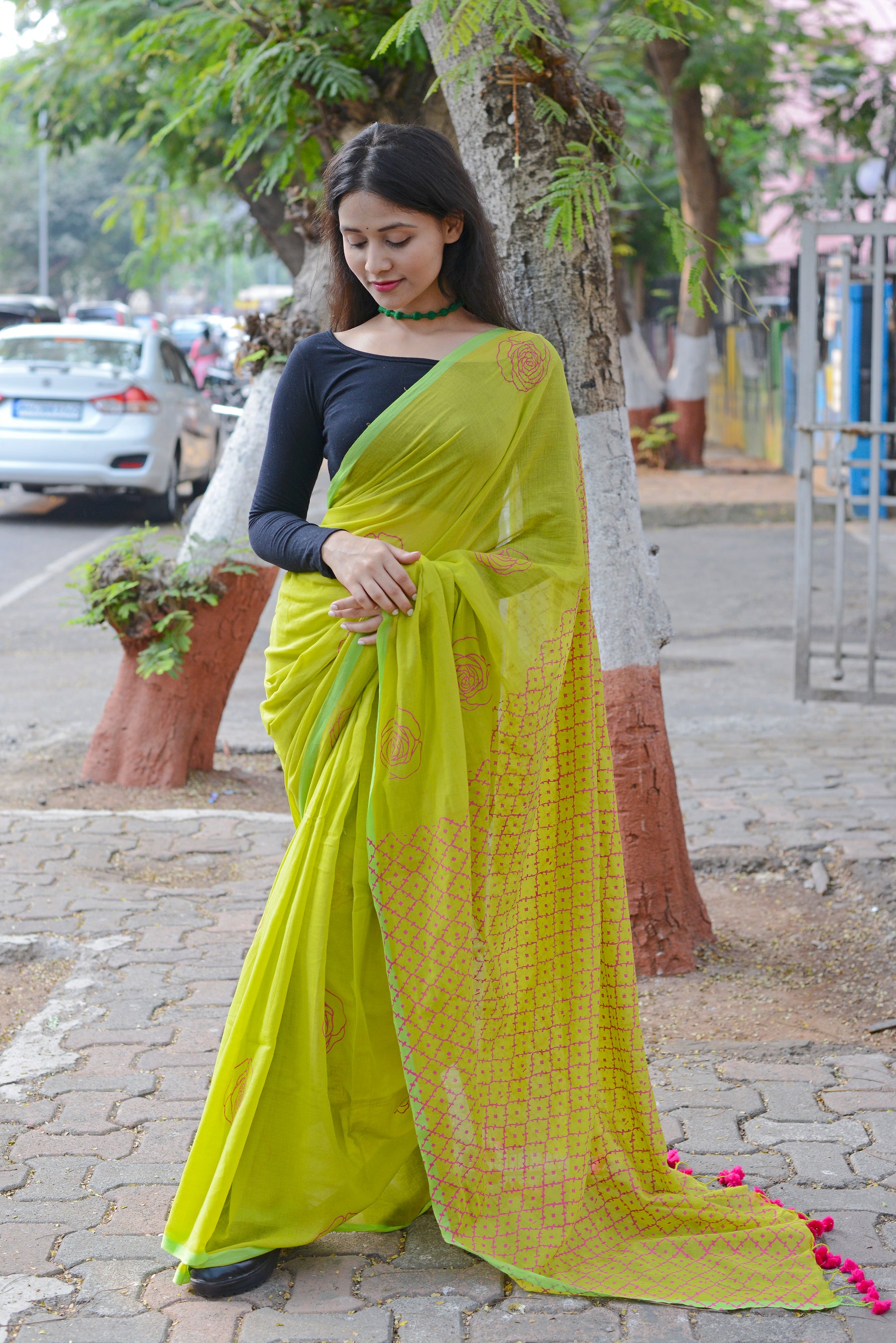 Parrot Green & Rani Pink - Hand Block Printed Cotton Saree