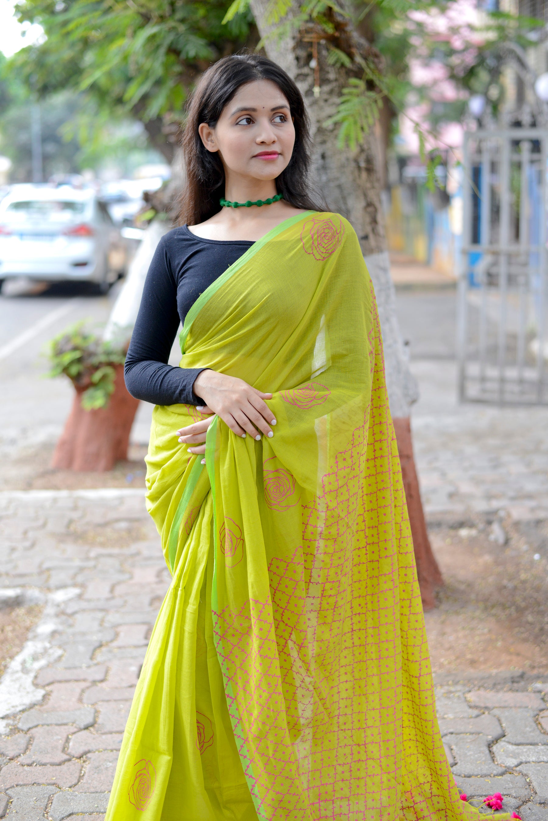 Parrot Green & Rani Pink - Hand Block Printed Cotton Saree
