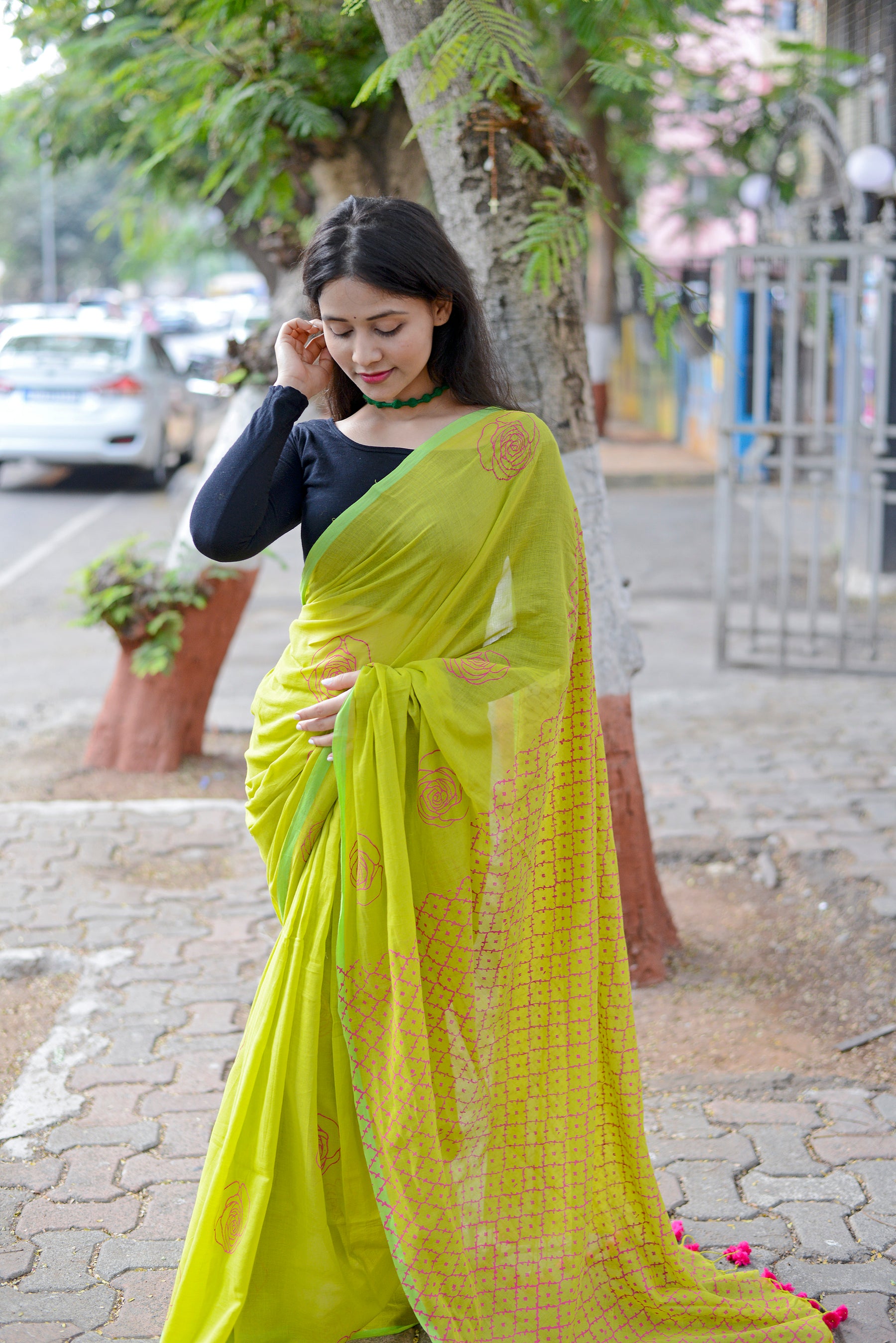Parrot Green & Rani Pink - Hand Block Printed Cotton Saree