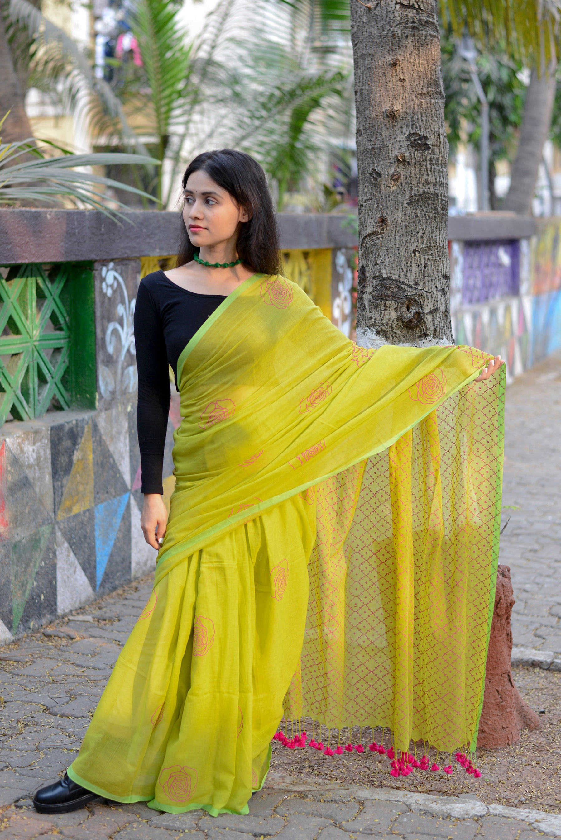 Parrot Green & Rani Pink - Hand Block Printed Cotton Saree