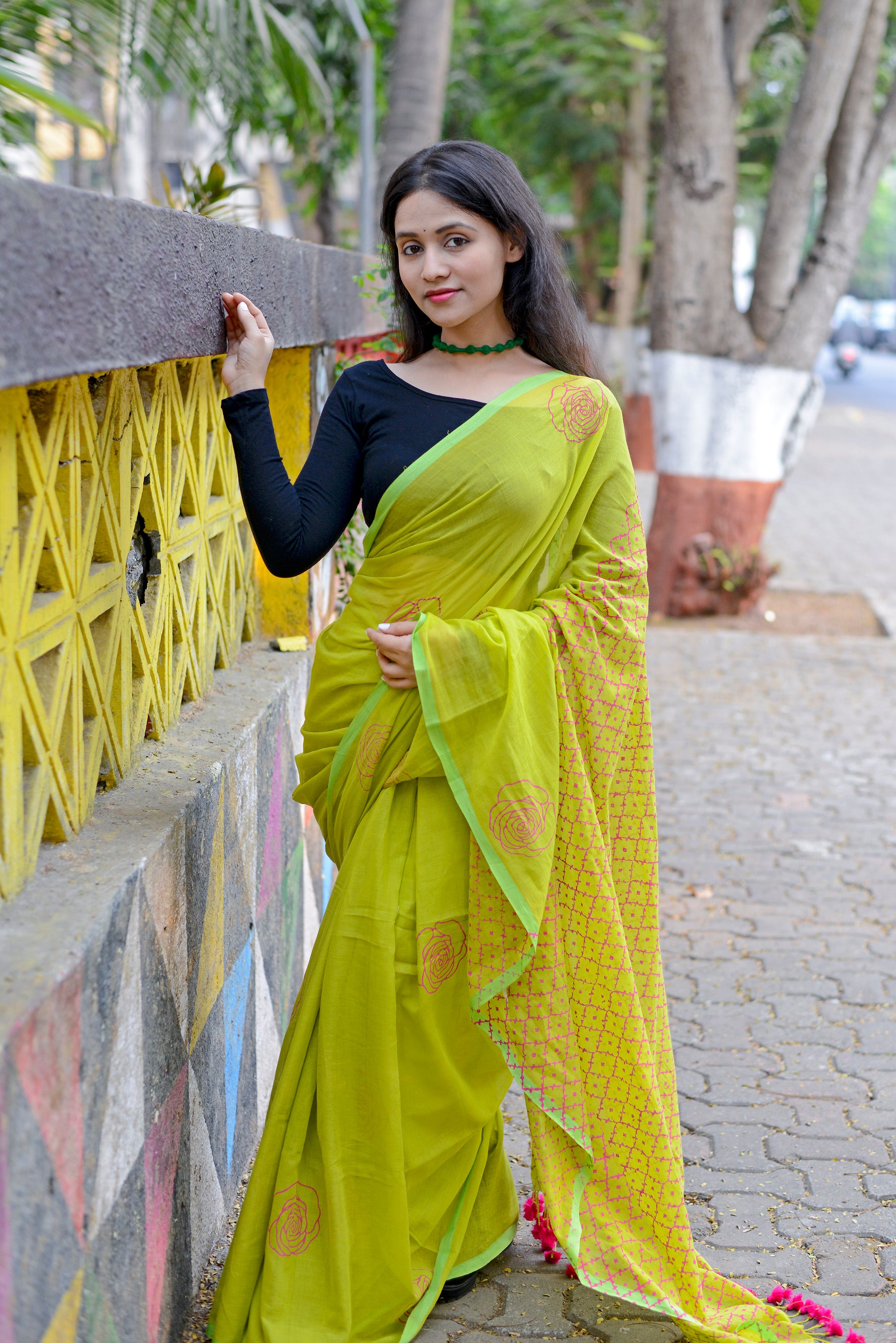 Parrot Green & Rani Pink - Hand Block Printed Cotton Saree