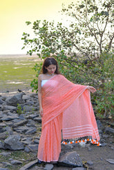 Peach Love (ALL OVER DOTS)  HAND BLOCK PRINTED COTTON SAREE