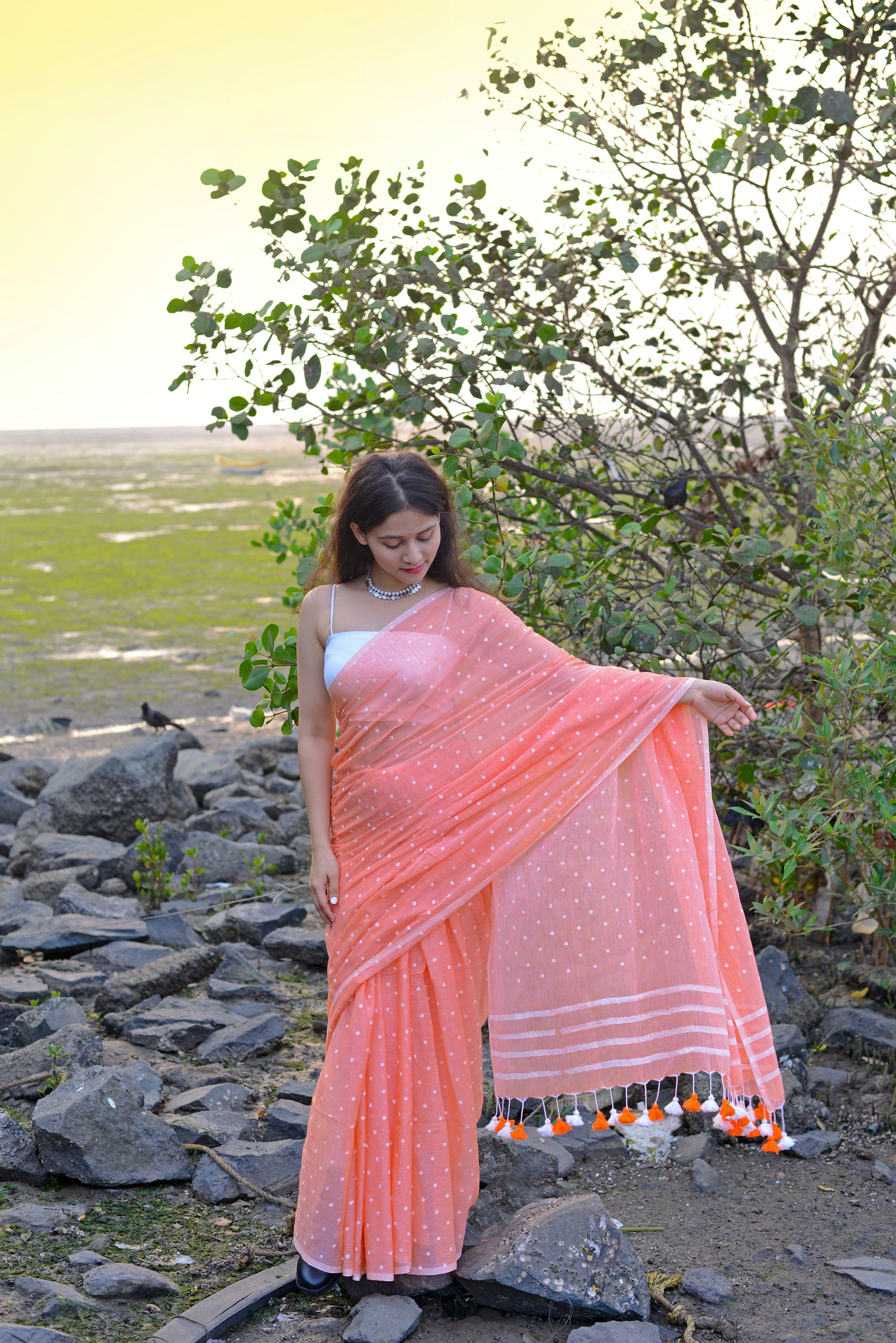 Peach Love (ALL OVER DOTS)  HAND BLOCK PRINTED COTTON SAREE