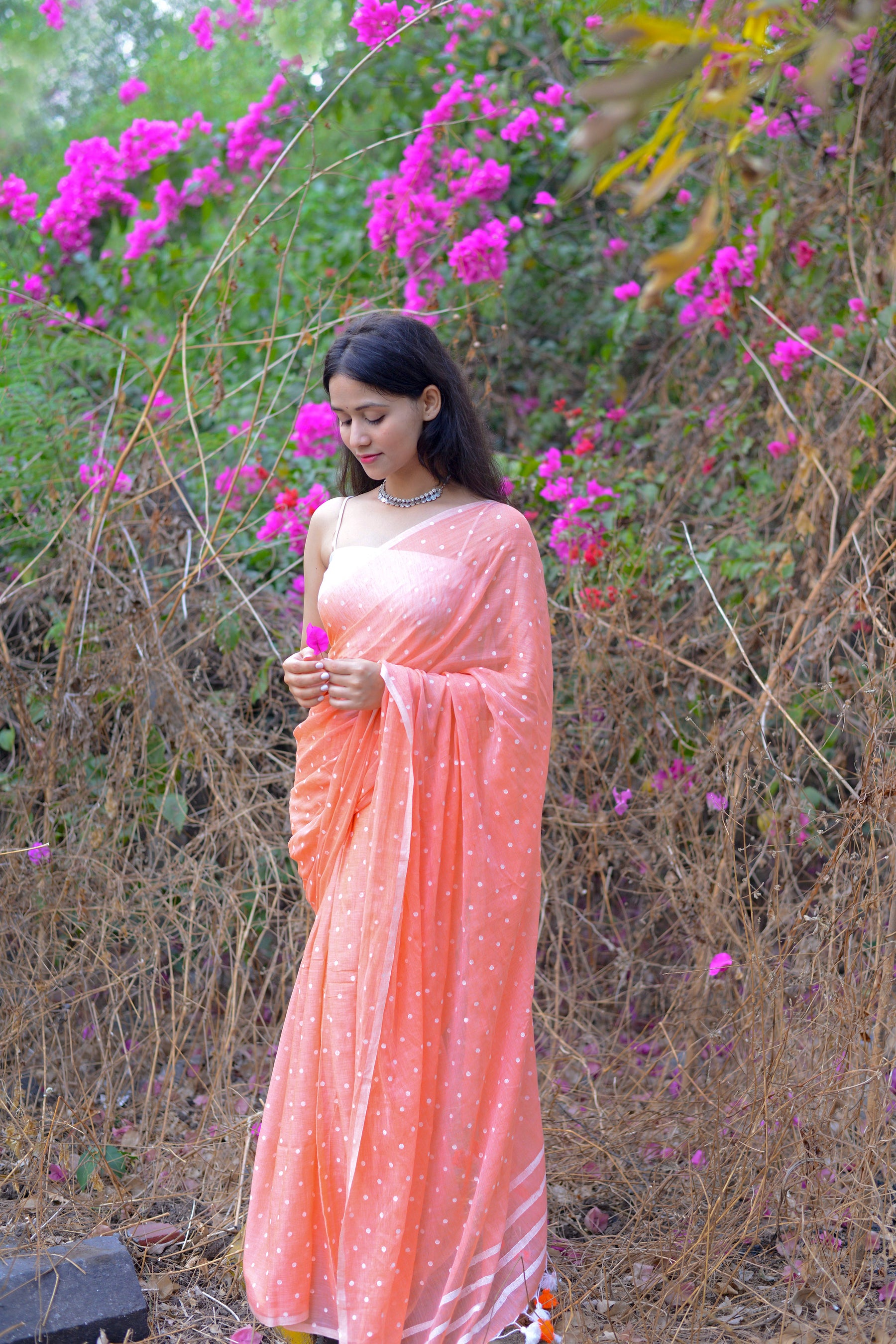 Peach Love (ALL OVER DOTS)  HAND BLOCK PRINTED COTTON SAREE
