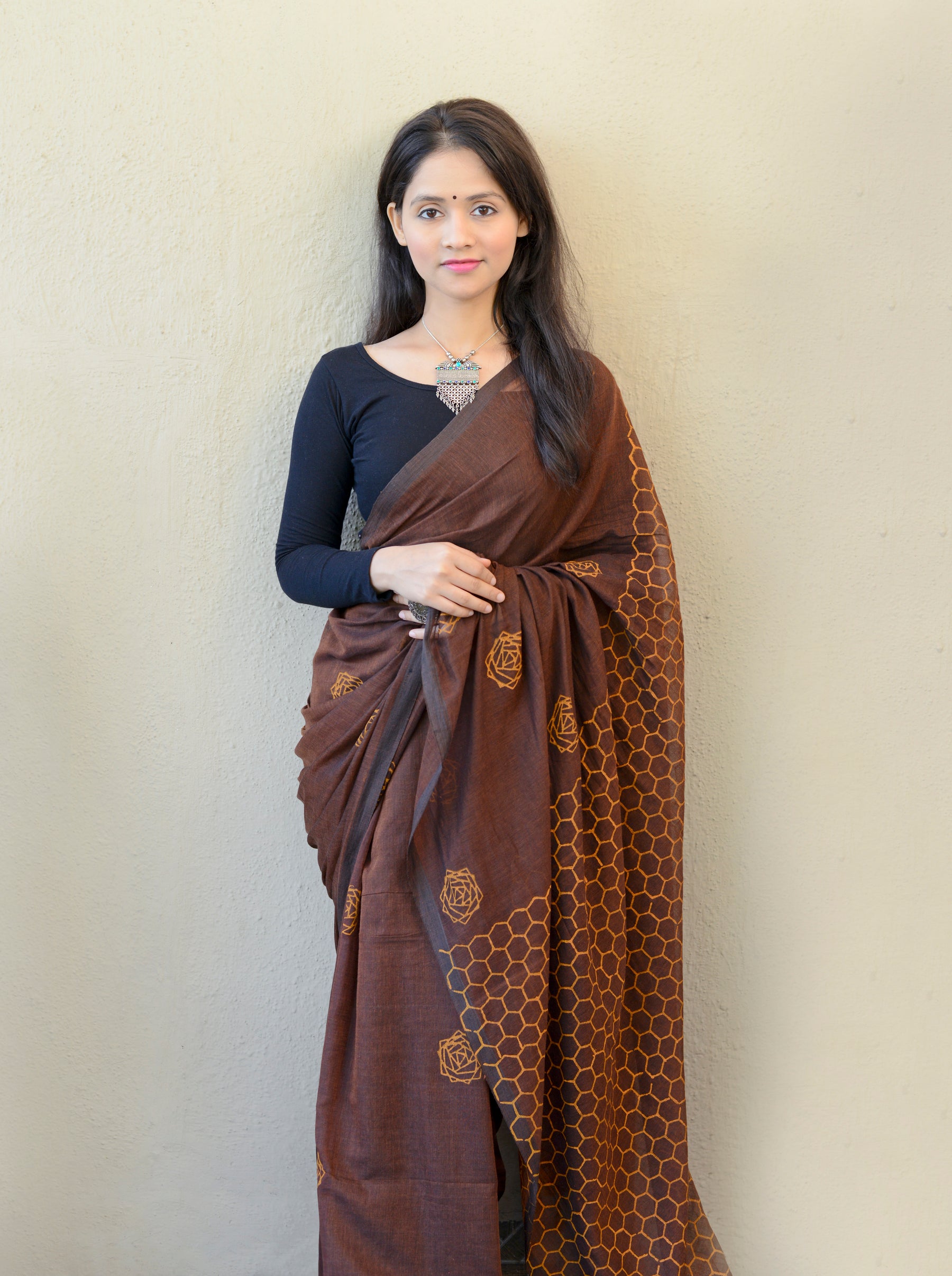 Coffee Brown - Hand Block Printed Cotton Saree