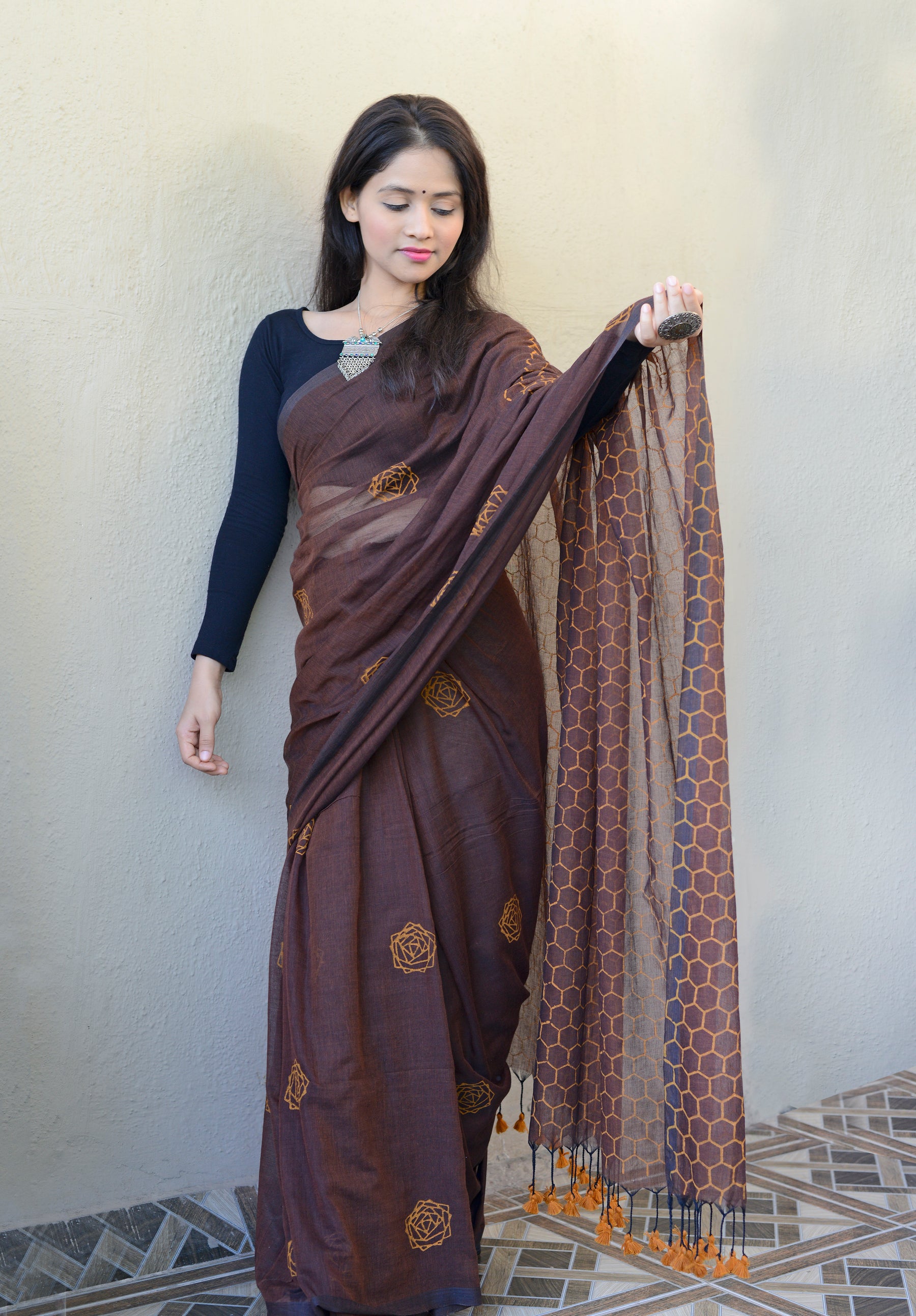 Coffee Brown - Hand Block Printed Cotton Saree