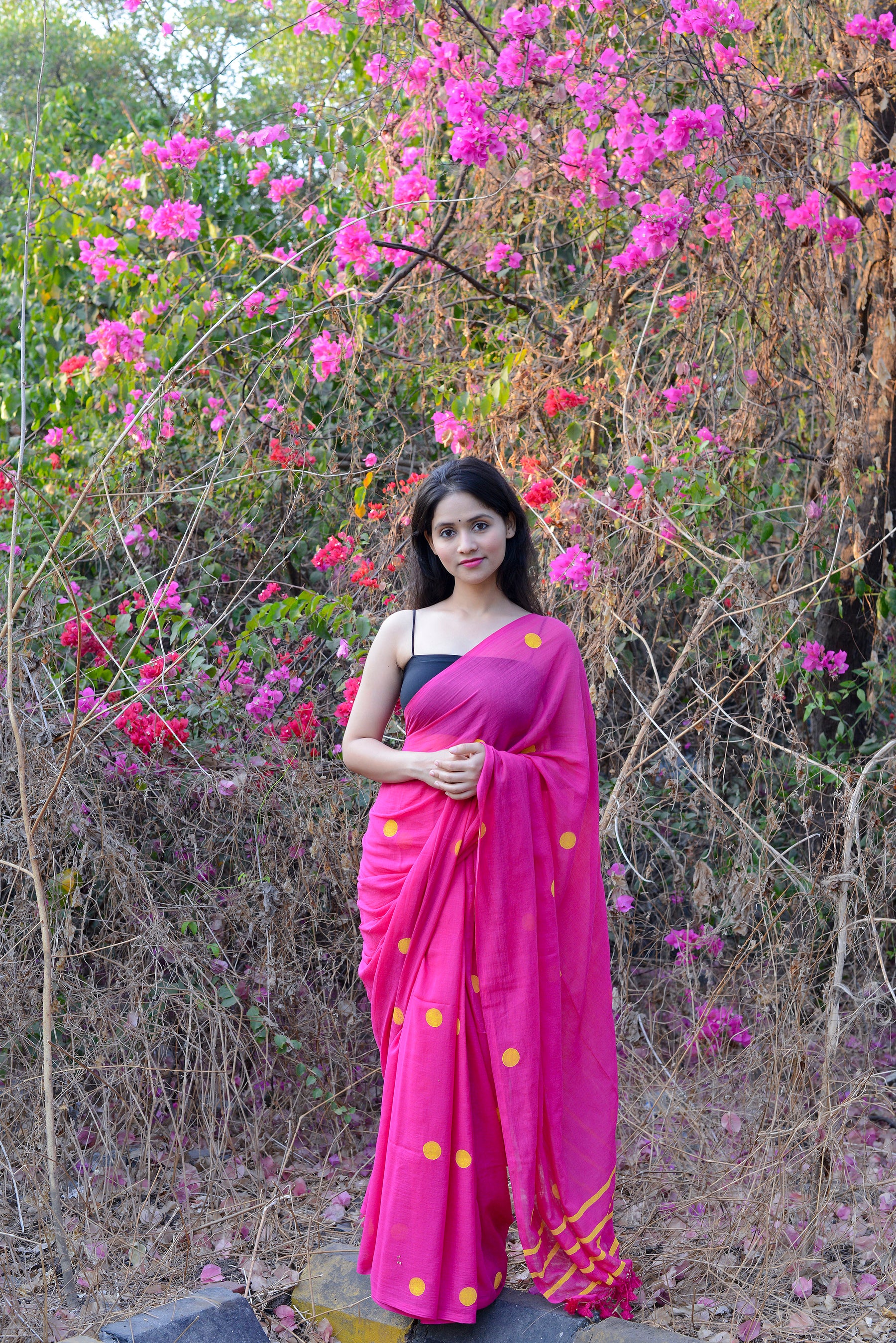 Rani Pink & Yellow Polka Dots - Hand Block Printed Cotton Saree