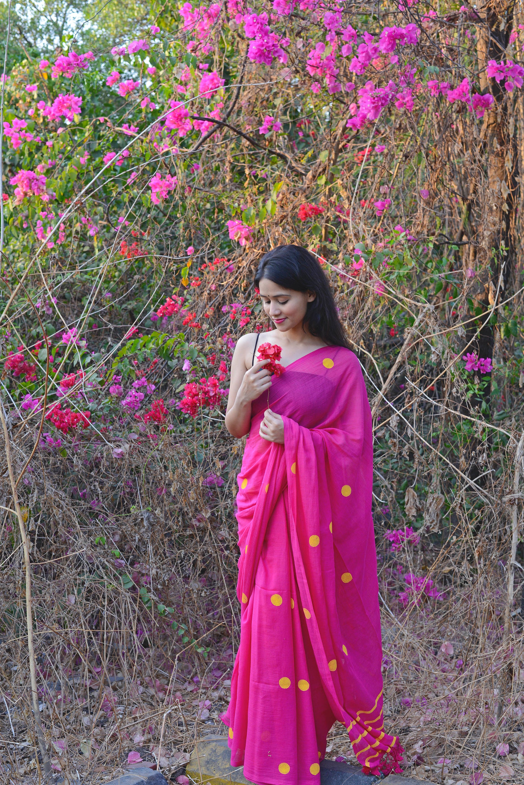 Rani Pink & Yellow Polka Dots - Hand Block Printed Cotton Saree