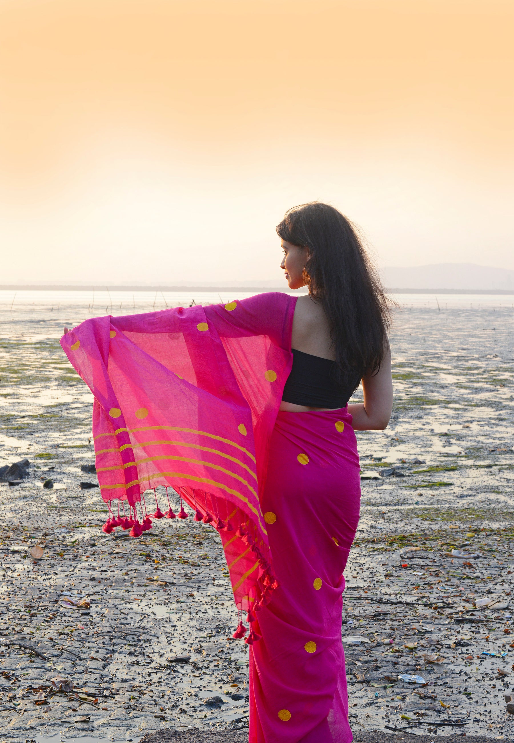 Rani Pink & Yellow Polka Dots - Hand Block Printed Cotton Saree