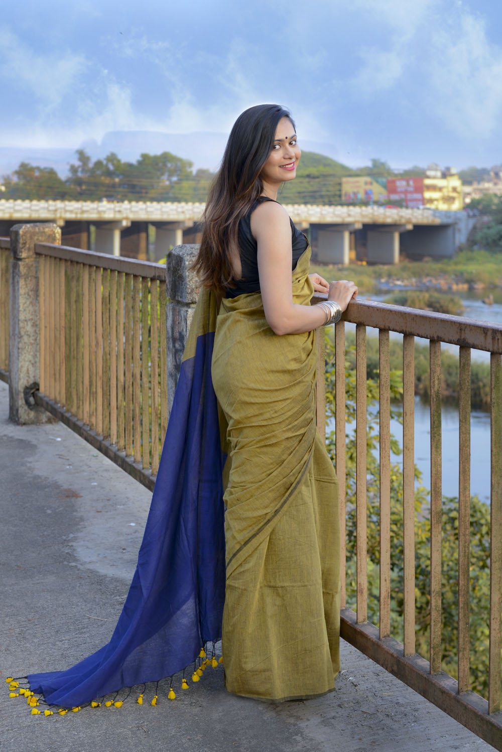 Navy Blue and Mustard Yellow - Handwoven Cotton Saree