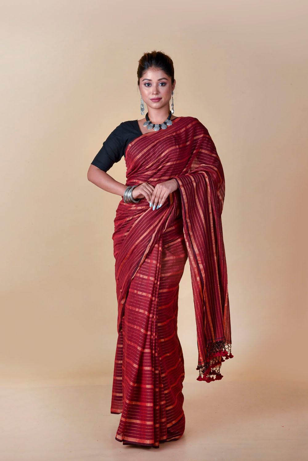 Maroon Gold Zari Stripes