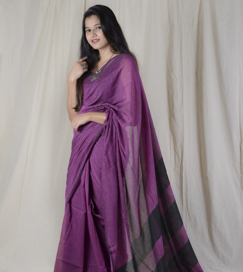 Midnight Purple and Black - Handwoven Cotton Saree