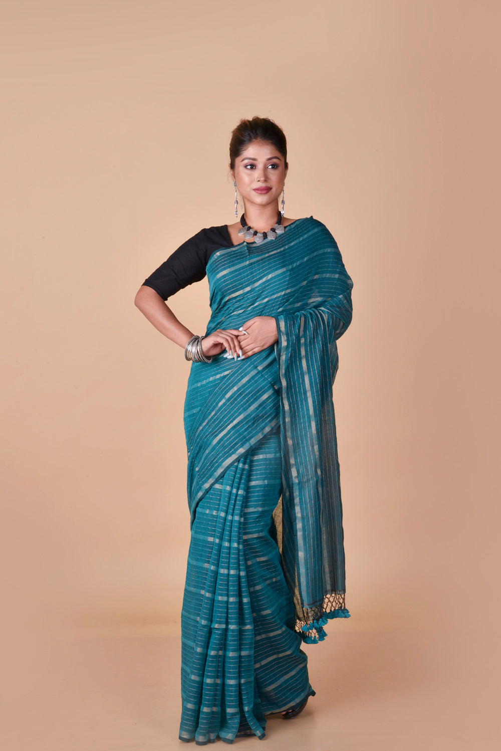 Teal Green Gold Zari Stripes
