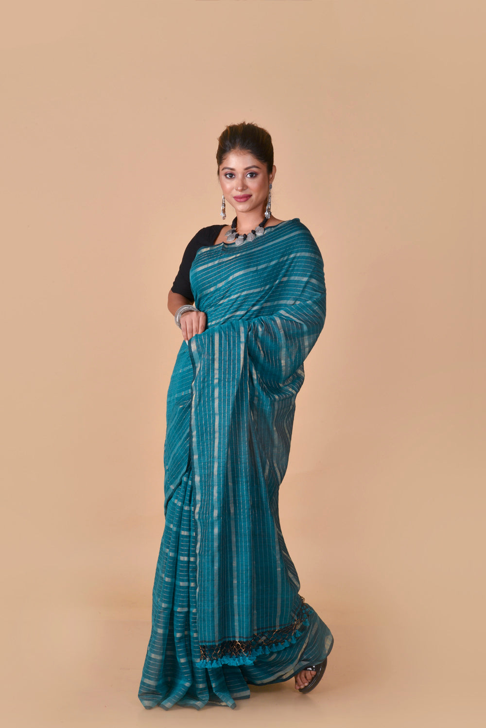 Teal Green Gold Zari Stripes