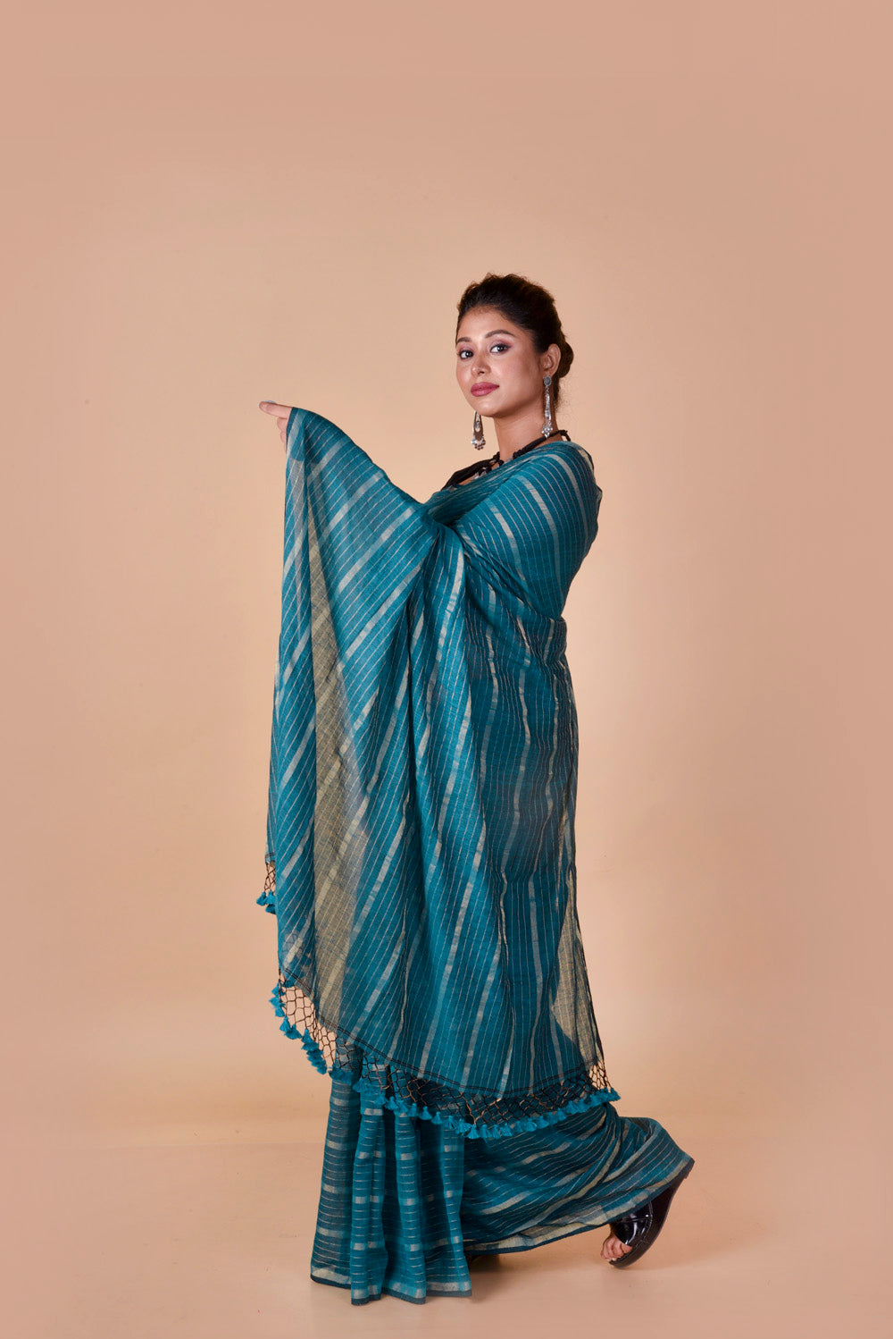 Teal Green Gold Zari Stripes