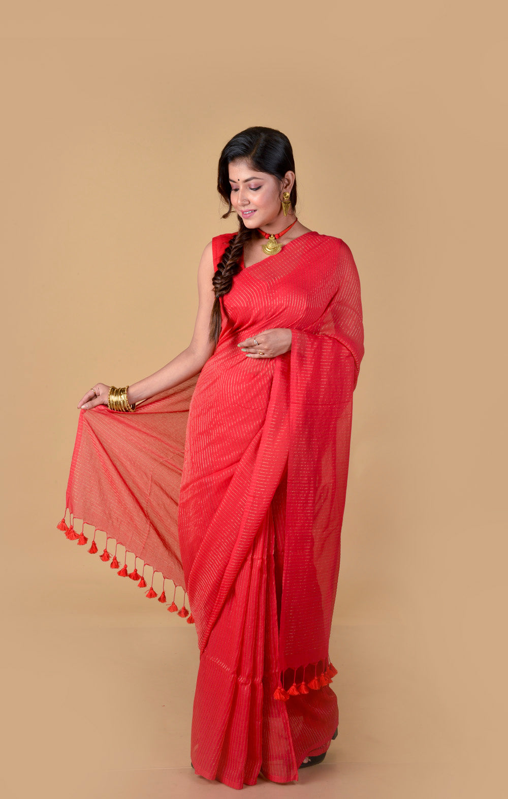 Red Zari Lines Saree