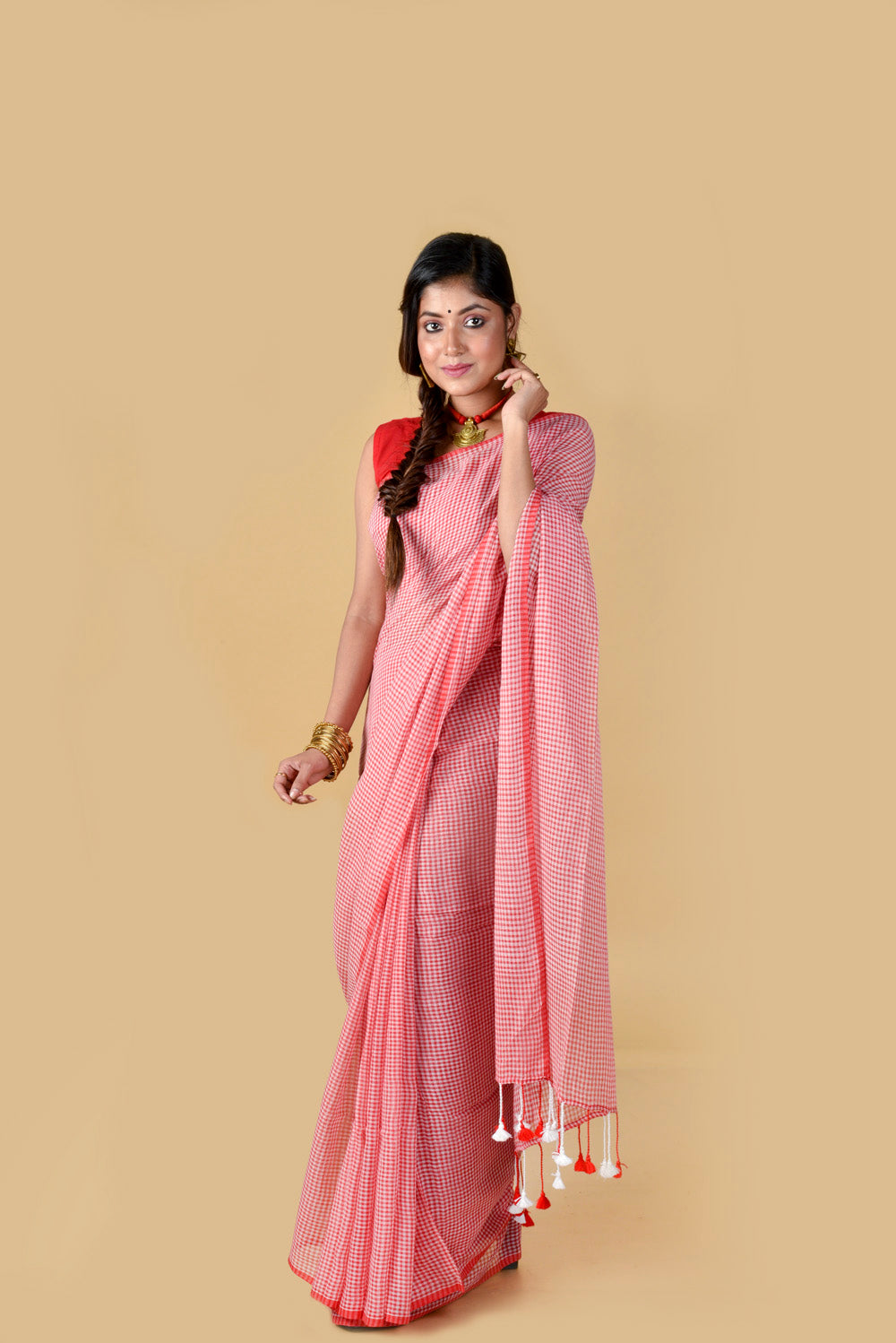 Red & White Checks Saree