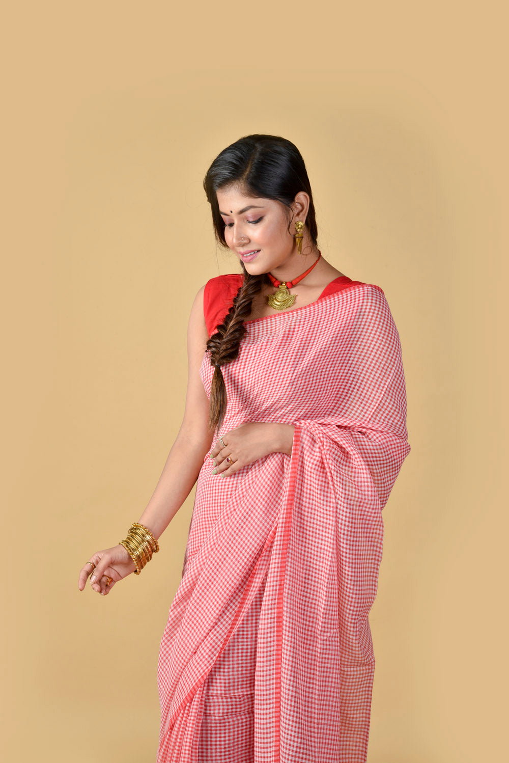 Red & White Checks Saree