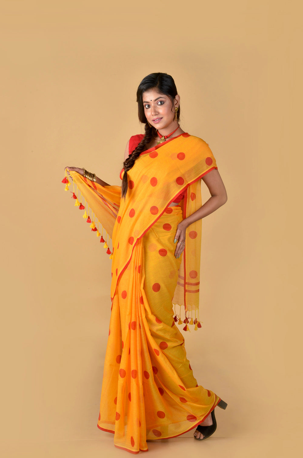 Yellow Red Polka Dots - Hand Block Printed Cotton Saree