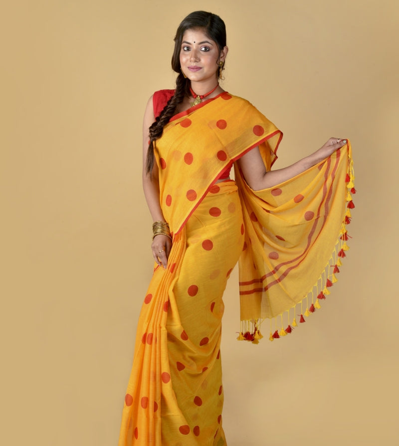 Yellow Red Polka Dots - Hand Block Printed Cotton Saree