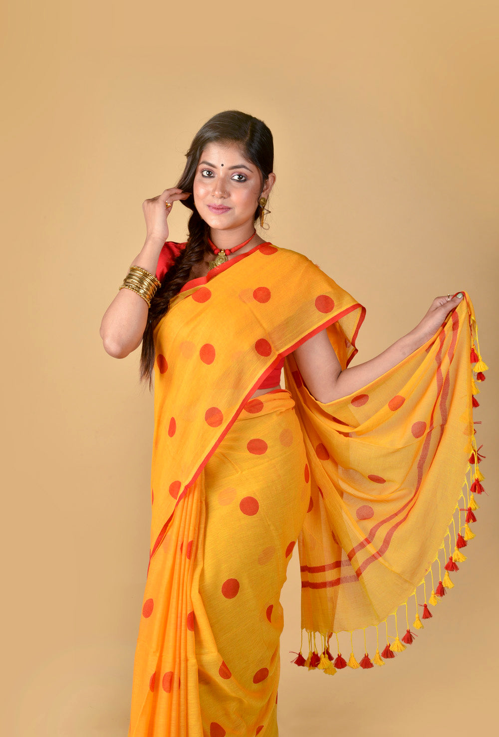 Yellow Red Polka Dots - Hand Block Printed Cotton Saree