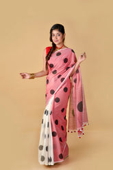 Red, White and Black Polka Dots - Hand Block Printed Cotton Saree