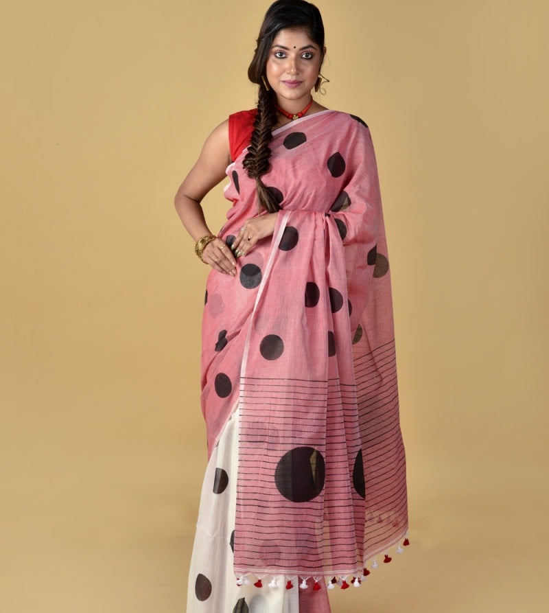 Red, White and Black Polka Dots - Hand Block Printed Cotton Saree