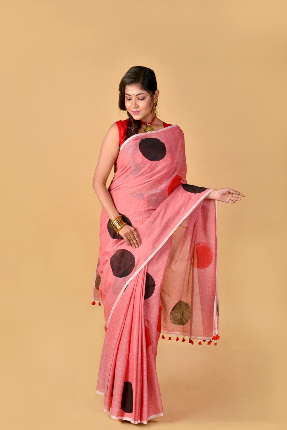 Red Black Polka Dots - Hand Block Printed Cotton Saree