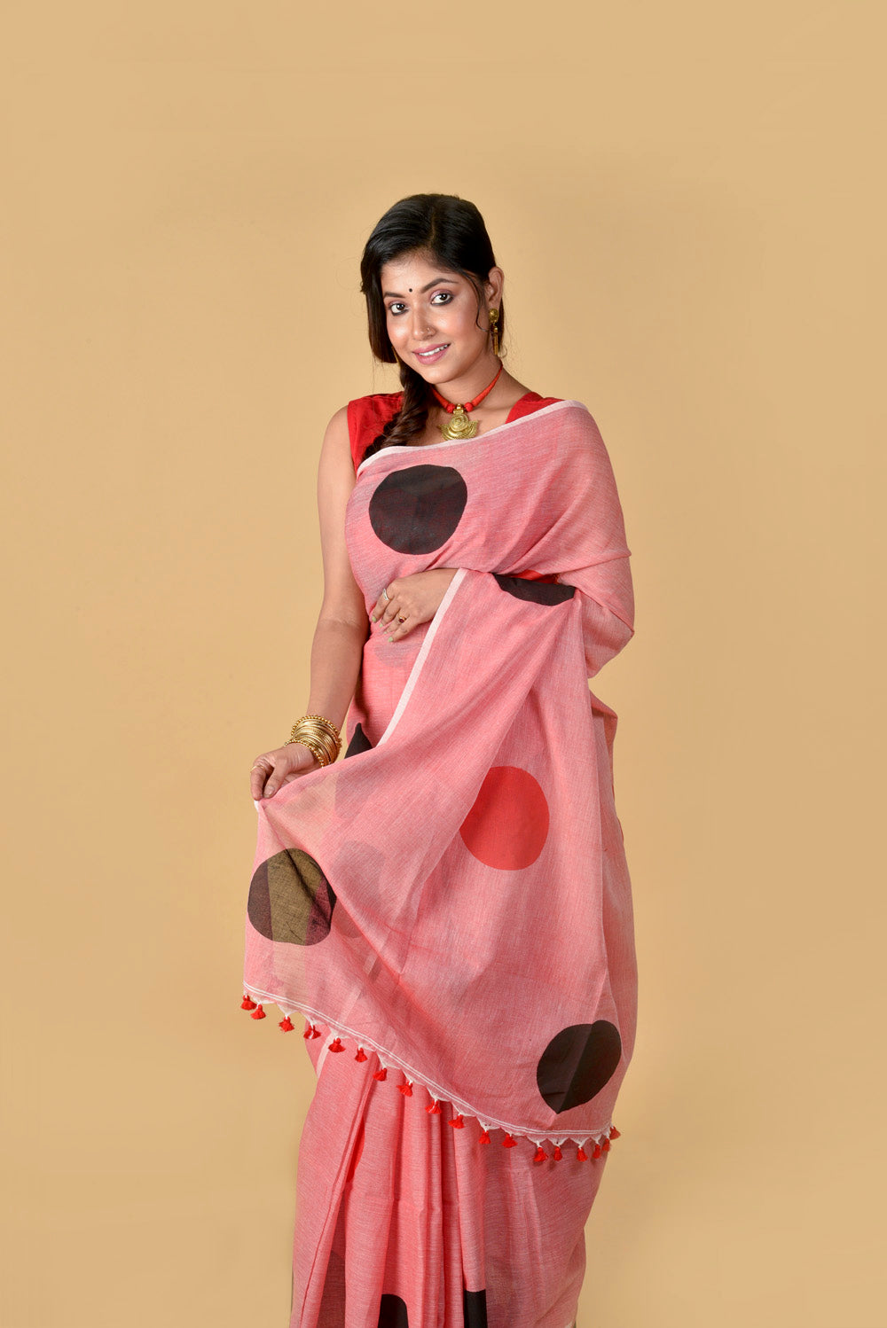 Red Black Polka Dots - Hand Block Printed Cotton Saree