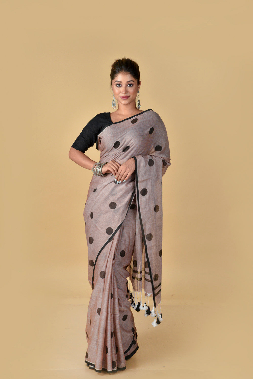 Rosy Brown Black Polka Dots - Hand Block Printed Cotton Saree
