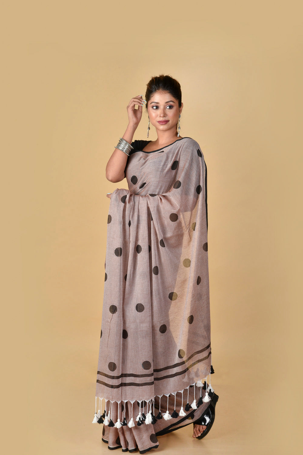 Rosy Brown Black Polka Dots - Hand Block Printed Cotton Saree