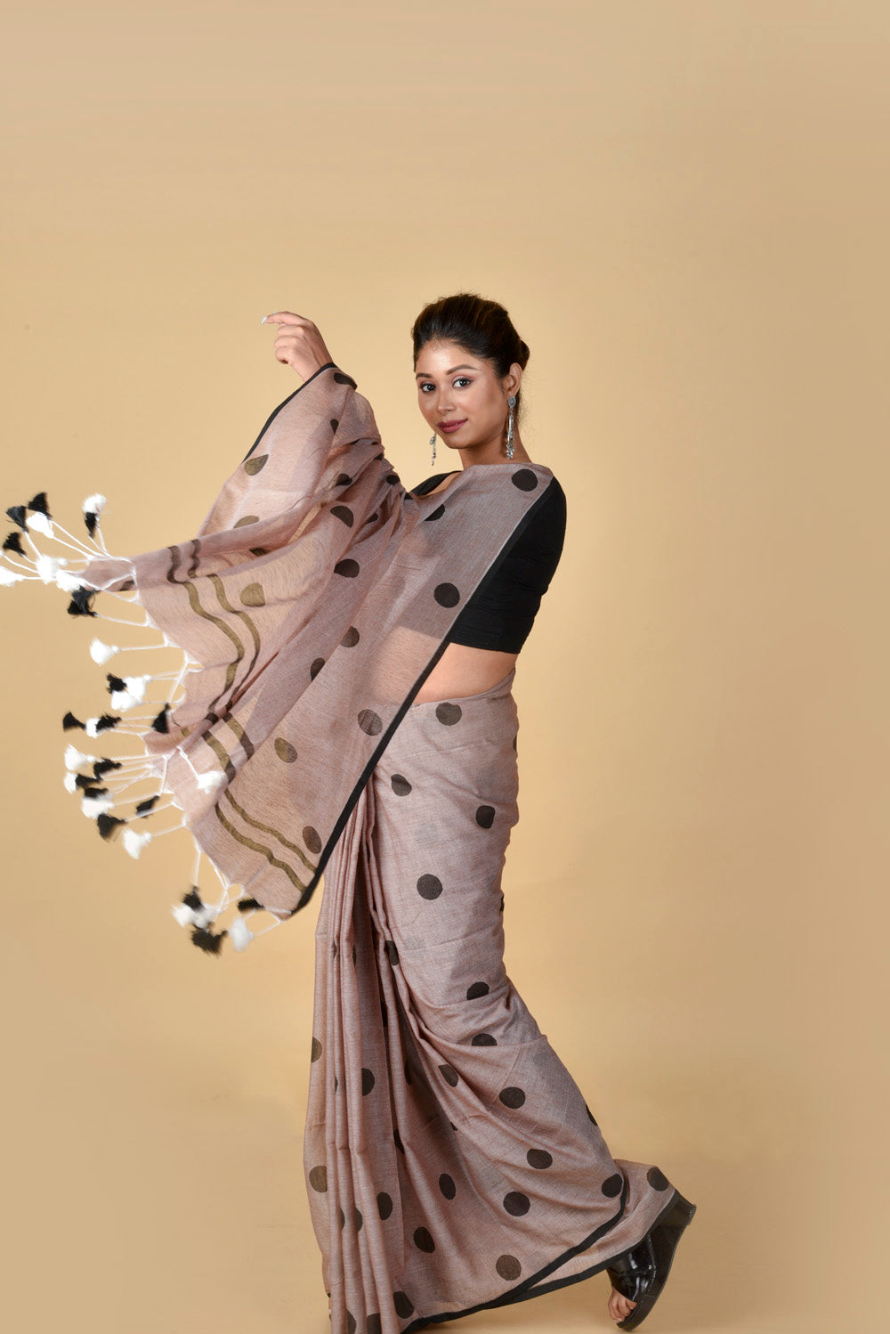 Rosy Brown Black Polka Dots - Hand Block Printed Cotton Saree