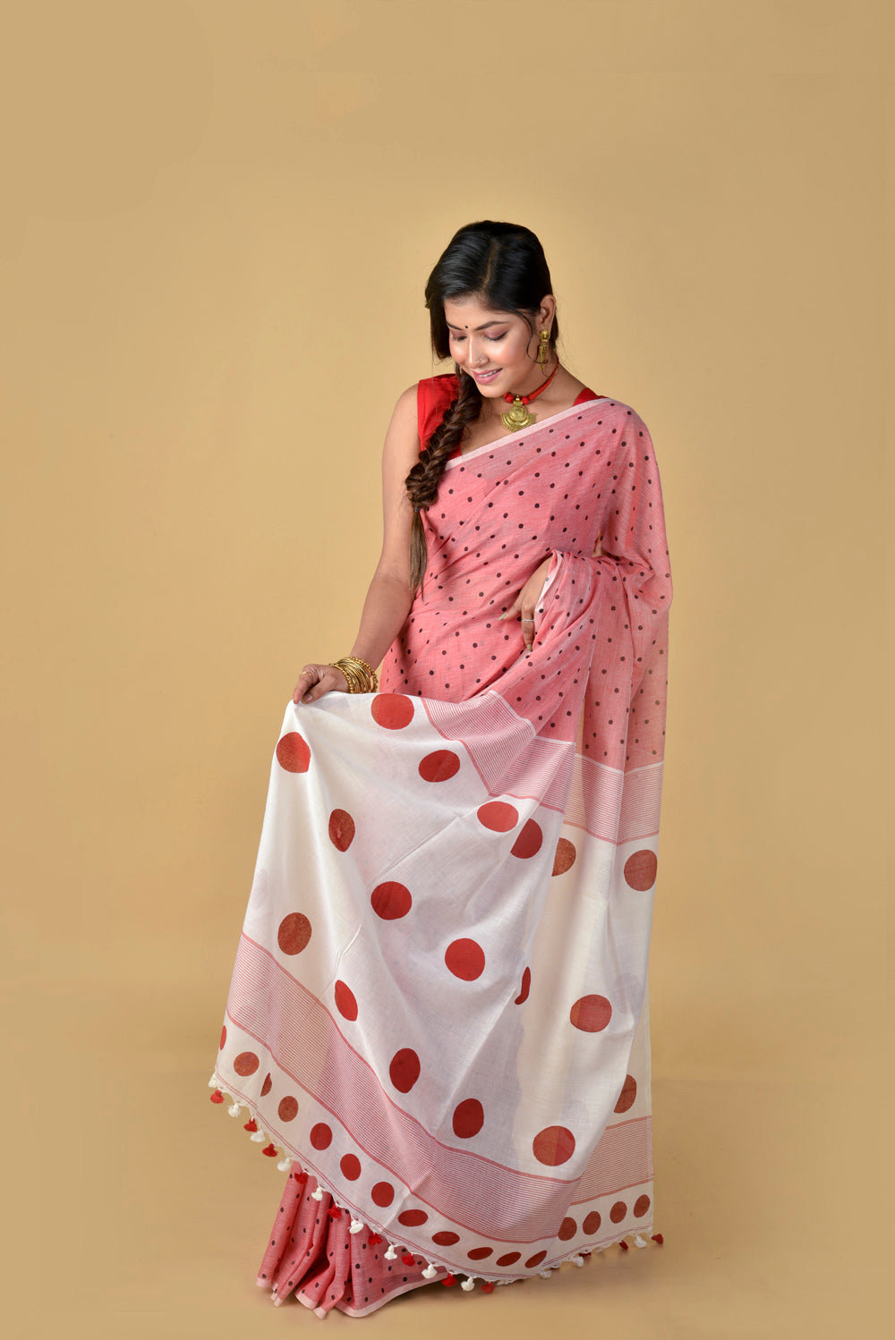 Red White (All Over Black Dots) - Hand Block Printed Cotton Saree