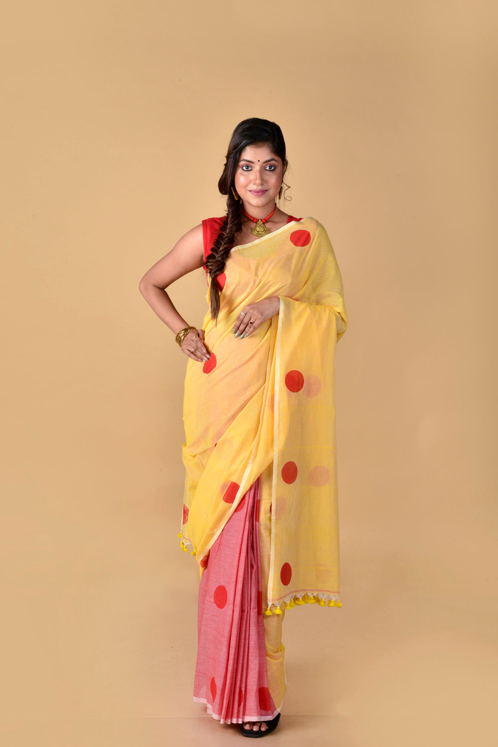 Red Yellow Polka Dots - Hand Block Printed Cotton Saree