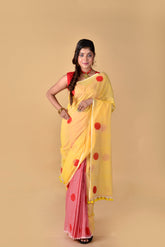 Red Yellow Polka Dots - Hand Block Printed Cotton Saree